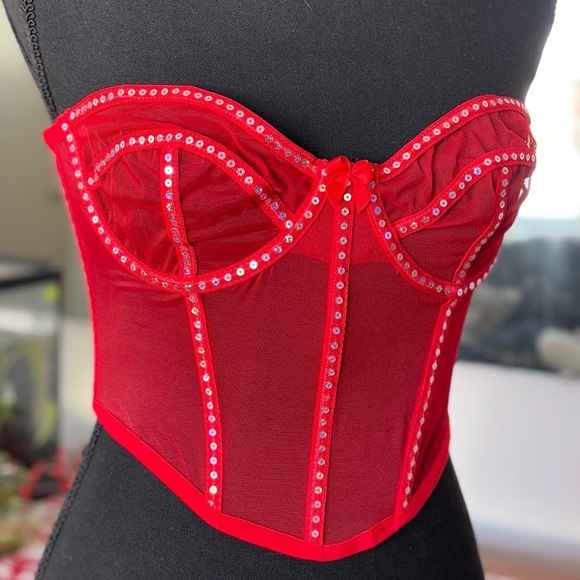 VALENTINES DAY PERFECTION Bone in Sequin Corset Underwire Structured Red SZ Med - Picture 2 of 7